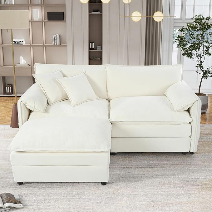 Loveseat Deep Seat Sectional Sofa Cloud Couch, Modern Chenille Comfy Upholstered Modular L Shaped Couch for Living Room, Apartment, Office (White, 75.59 Inch-L Shape)
