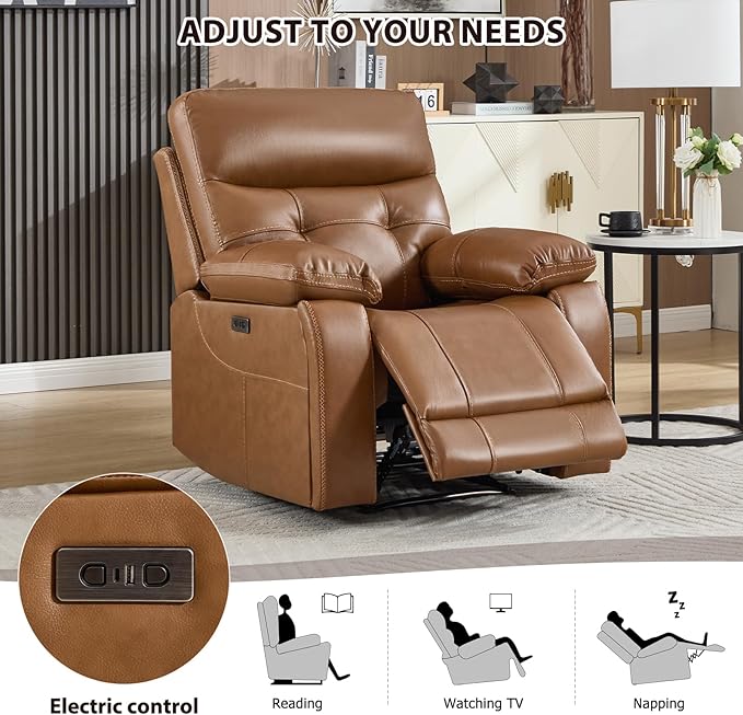CANMOV Genuine Leather Recliner Chair, Power Single Reclining Sofa with Comfortable Arms and Back, Modern Electric Recliner Couch Set with Hidden Cup Holders,USB, Type C Port for Living Room,Brown