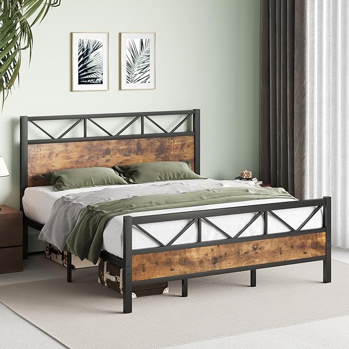 King Size Bed Frame, 51.2" Tall Industrial Headboard, King Platform Bed Frame with Strong Steel Slats Support, Noise Free, No Box Spring Needed, Easy Assembly, Rustic Brown