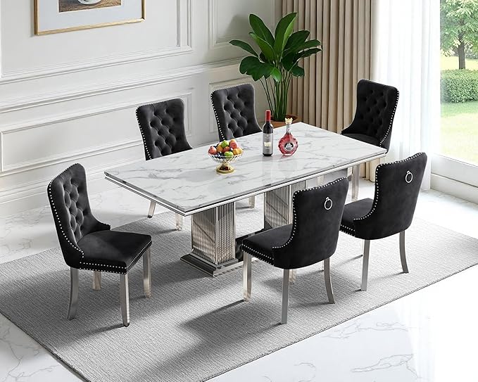68" Faux Marble Dining Table Set for 6, 7-Piece Dining Set with White Silver Kitchen Table and 6 Velvet Tufted Chairs, Modern Rectangular Dining Room Tables with Column-Shape Stainless Steel Base