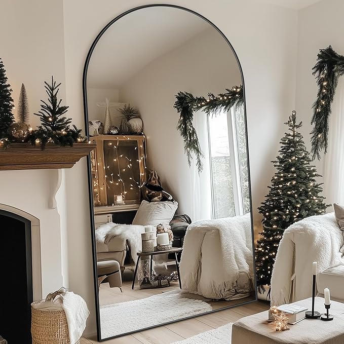 Full Length Mirror, 83"x44" Floor Mirror Freestanding, Oversized Floor Standing Full Body Mirror with Stand for Bedroom, Hanging Mounted for Living Room Cloakroom, Black, Arched