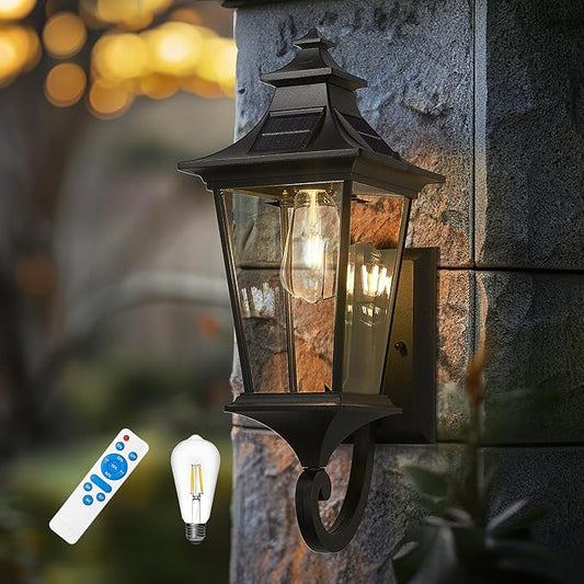 Emliviar Solar Exterior Front Porch Light with Remote Control, 3 Lighting Modes Waterproof Solar Wall Lantern, Auto On/Off Black Outside Light with Clear Glass, 500181-SL BK