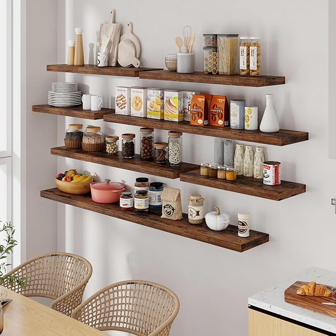 55 Inch Floating Shelves for Wall Set of 2, 55x9.3 Large Floating Shelf for Bedroom, Kitchen, Bathroom, Wall Mounted Rustic Wood Shelves with Invisible Bracket for Books, Decor, Rustic Brown