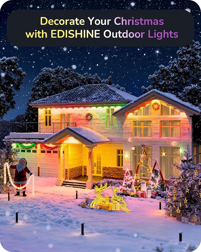 EDISHINE Cuttable Permanent Outdoor Christmas Lights PRO, 100FT 60 LED RGB+IC+Warm White Eave Light, 111+ Scene Mode, Smart APP/Voice & Remote, IP67 for House Year-Round Decor, Work with Alexa, Google