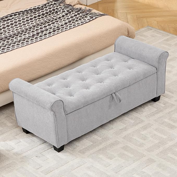 End of Bed Storage Bench for Bedroom, 49" Upholstered Storage Ottoman with Rolled Arms, Rivet Polyester Fabric Ottoman Bench for Bedroom, Living Room, Window, Entryway, Light Gray