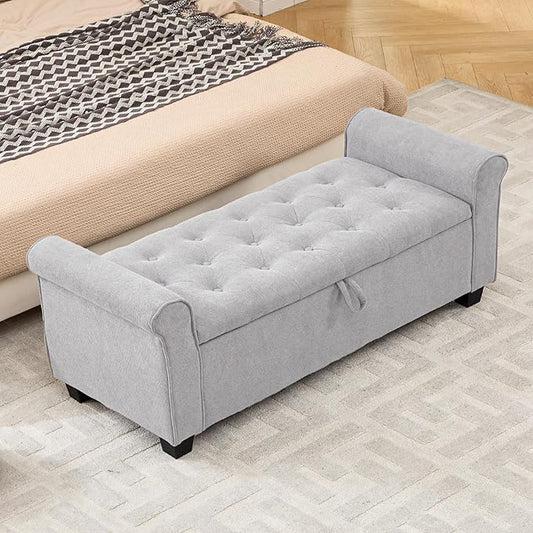 End of Bed Storage Bench for Bedroom, 49" Upholstered Storage Ottoman with Rolled Arms, Rivet Polyester Fabric Ottoman Bench for Bedroom, Living Room, Window, Entryway, Light Gray
