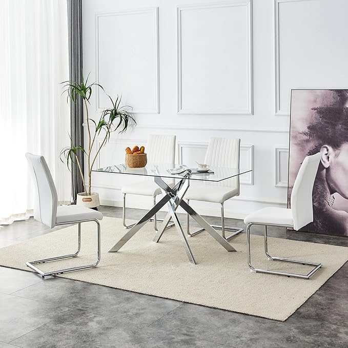 51.2" Glass Dining Table, Modern Kitchen Table for 4-6 People, Contemporary Rectangular Dining Room Dinner Tables with Clear Glass Top & Silver Metal X Legs for Kitchen Apartment