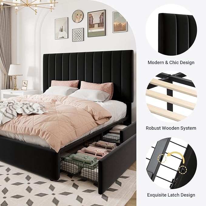Allewie Full Size Storage Bed Frame, Vertical Channel Tufted Adjustable Headboard, Velvet Upholstered Platform Bed with 4 Oversized Underbed Drawers, Wooden Slats Support, No Box Spring Needed, Black