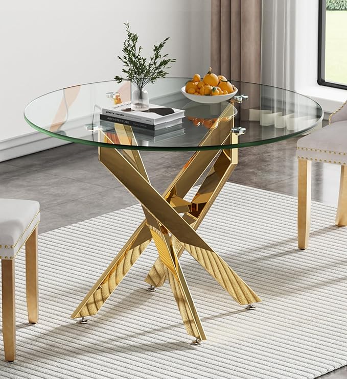 36" Round Dining Table for 4, Modern Clear Glass Kitchen Table for 4 with Gold X Metal Legs, Contemporary Small Circle Dining Room Leisure Tables for Kitchen Apartment