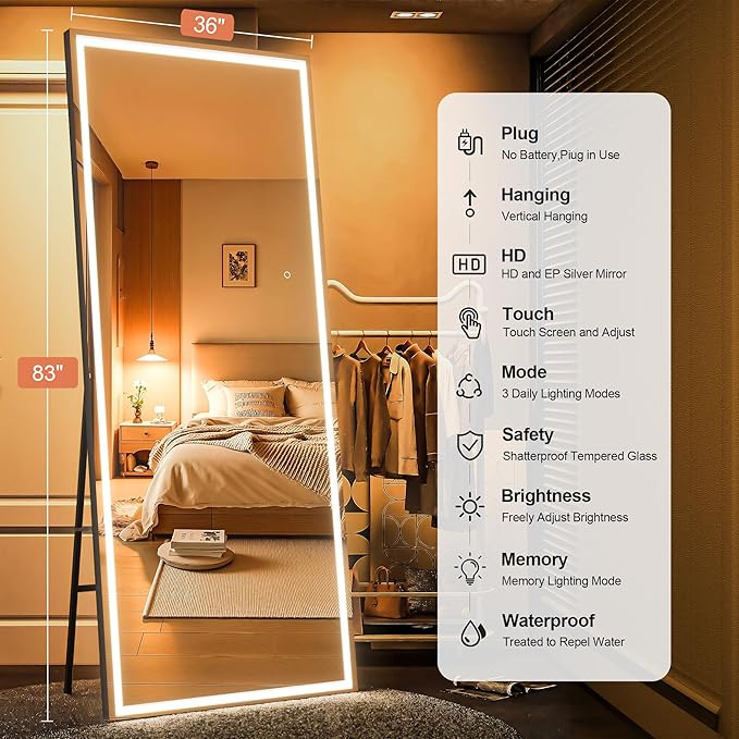 Full Length Mirror with Lights, 83" x 36" Large LED Lighted Floor Standing Body Mirror, Dimmable & 3 Color Lighting for Bedroom, Cloakroom, Dressing Room, Leaning & Hanging, Square Black