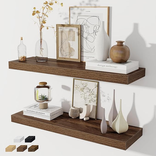 Fun Memories Floating Shelves for Wall, 32W x 8D Floating Wall Shelves with Invisible Brackets Set of 2, Hanging Rustic Wood Shelf Decoration for Bedroom, Bathroom, Living Room and Kitchen, Walnut