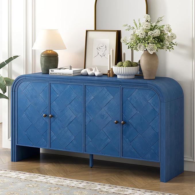 Unique Retro Curved Sideboard with 4 Handwoven Wood Slat Doors, Solid Wood Veneer Accent Entryway Console Table Storage Cabinet for Hallway Living Room Dining Room (Navy Blue-V)