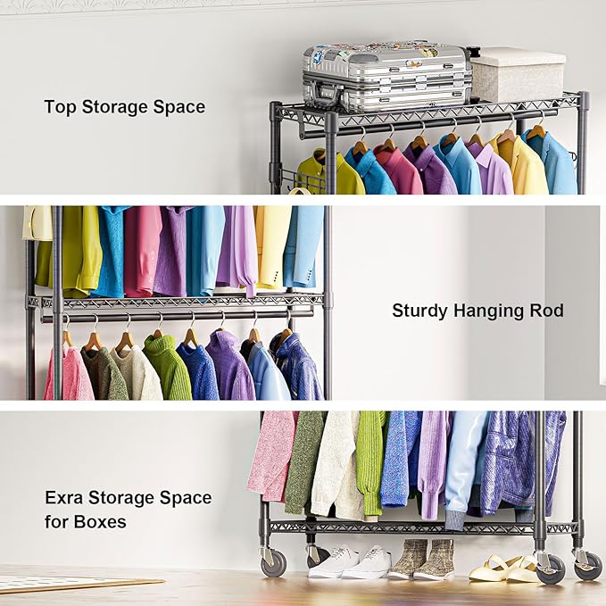 Heavy Duty Rolling Garment Rack 3 Tiers Adjustable Wire Shelving Clothes Rack with 2 Rods and Side Hooks,Storage Closet Clothing Rack with Wheels Black 15.7" D x 45.3" W x 79.6" H