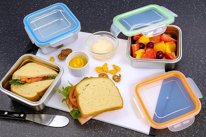 Set of 3 Stainless Steel Sandwich Containers - Food Grade Metal Base with a BPA Free Leakproof & Airtight Silicone Seal Lid. Great for Sandwiches, Snacks, Meal Prep & Food Storage - Blue/Green/Orange