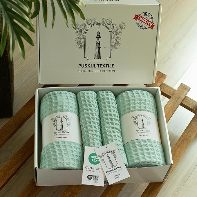 Püskül - Luxury Waffle Towel Set for Bathroom 4 Pieces Ice Green, Premium Quality Organic 100% Turkish Cotton 2 Hand and 2 Bath Towels Sets, Quick Dry Thin Waffle Towels, Made in Turkiye (Ice Green)