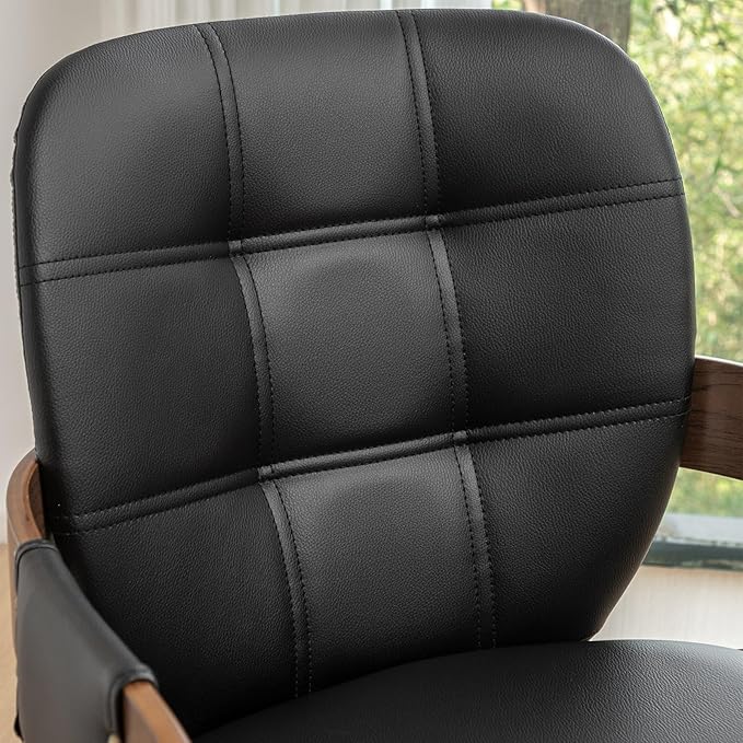 Set of 1 Mid Century Modern Chair - Swivel Dining Chair with Arms and Curved Back, Faux Leather Reception Room Chairs, Ideal for Kitchen/Living Room/Reception/Desk (Walnut Black, Set of 1)