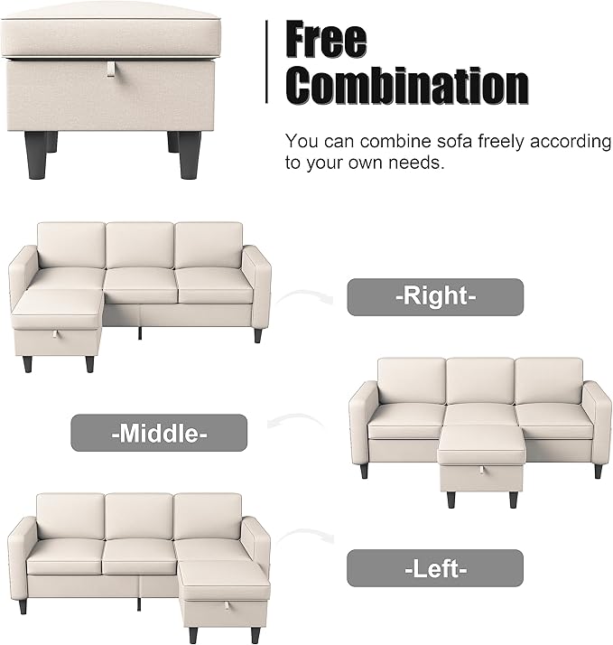 ZeeFu Couch for Living Room - 78'' 3 Seat L-Shaped Sectional Sofa Couches with Storage Ottoman - Modern Small Space Upholstered Furniture Sofa Set for Office Small Space Apartment Bedroom