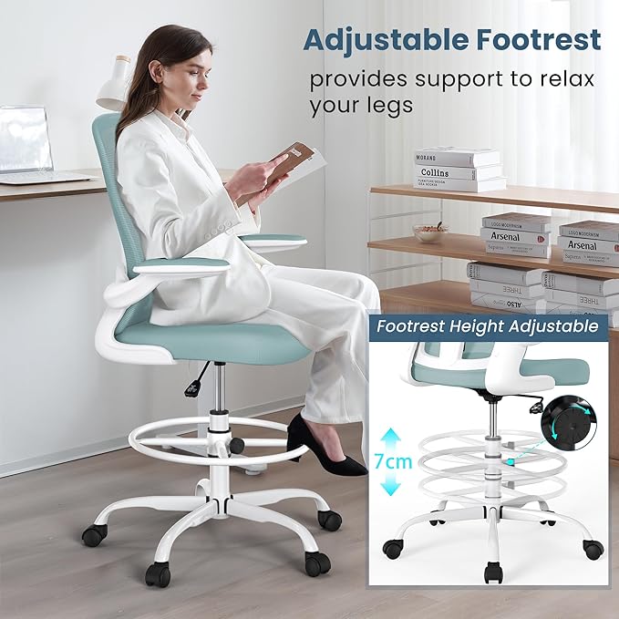 Drafting Chair, Tall Office Chair with Flip-up Armrests Executive Ergonomic Computer Standing Desk Chair, Office Drafting Chair with Lumbar Support and Adjustable Footrest Ring