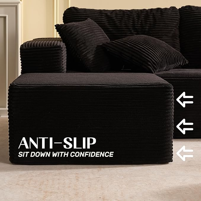 107" Boneless Couch with Deep Seat, Modular Sectional Sofa, Cloud Sectional Couch for Living Room, No Assembly Required, Corduroy, U-Shape 3 Seater Right, Black
