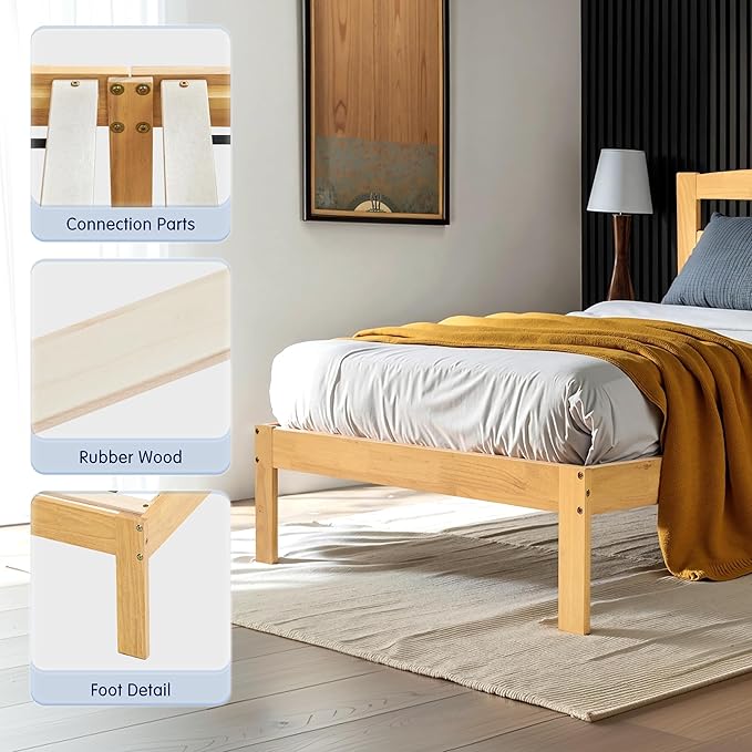Hokway Wood Twin Bed Frames with Headboard-No Wobble,Noise-Free,Easy Assembly with Precise Holes,12 in Reinforced Center Legs,No Box Spring Needed,Natural