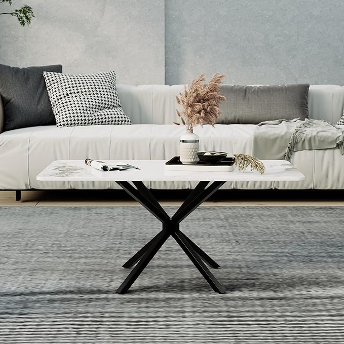 White Marble Coffee Table Modern 40 Inch Living Room Table with Rectangle Sintered Stone Top and Black Metal Legs Stylish Center Table for Living Room Bedroom