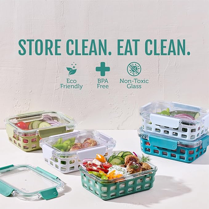 Ello Duraglass 3.4 Cup Meal Prep Sets 10Pc, 5 Pack Set- Glass Food Storage Container with Silicone Sleeve and Airtight BPA-Free Plastic Lids, Dishwasher, Microwave, and Freezer Safe, Olive Tree