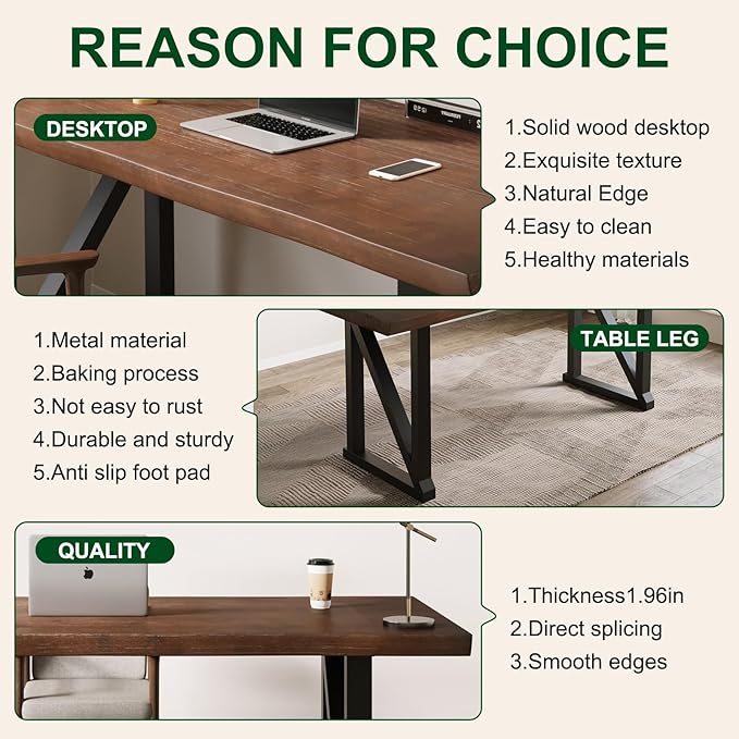 Solid Wood Rustic Style 47-inch Computer Desk - Large Office Desk for Home Office, Modern and Simple Design, Ideal for Study, Writing, Dining
