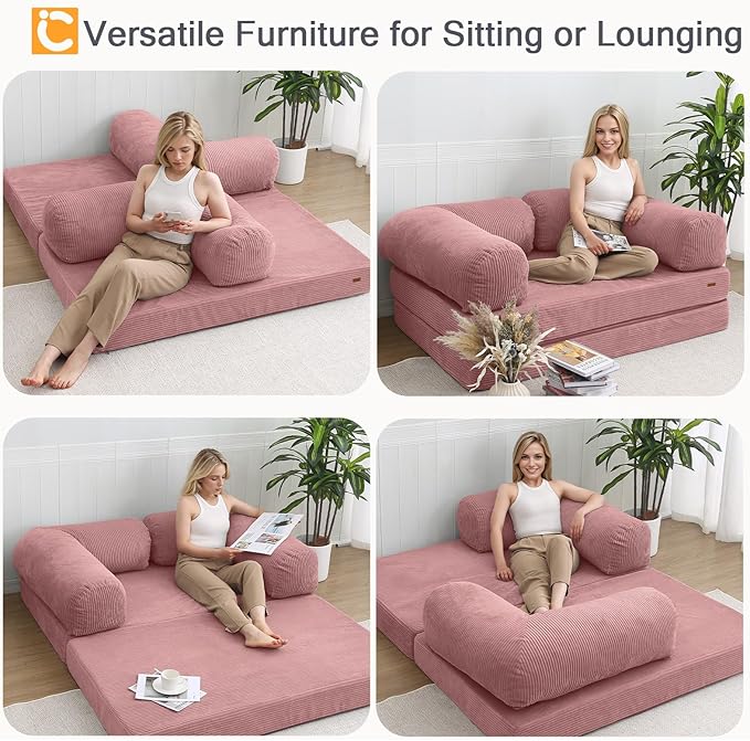 COMAX Folding Sofa Bed Queen, 4-in-1 Convertible Foldable Floor Couch Futon Sofa with Armrests, Sleeper Mattress Fold Out Chair Bed Comfy Portable Lounge Guest for Living Room Bedroom, Pink