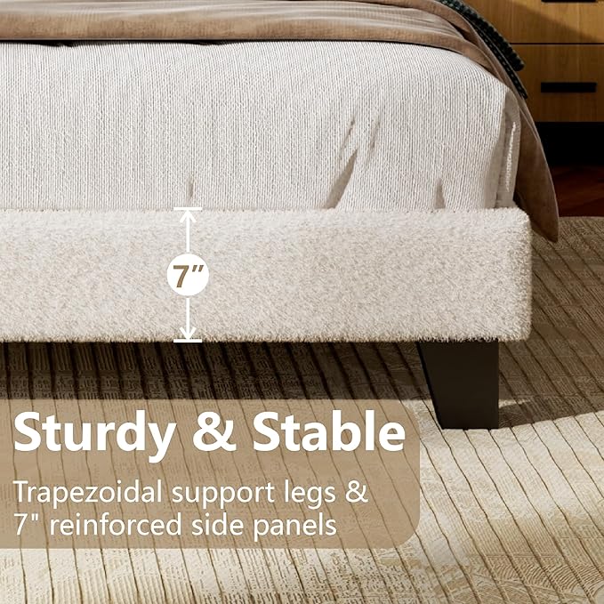 King Size Bed Frame with Adjustable Headboard, Boucle Cloud Platform Bed with Wood Slats, Mattress Foundation, No Box Spring Needed, Easy Assembly, Beige