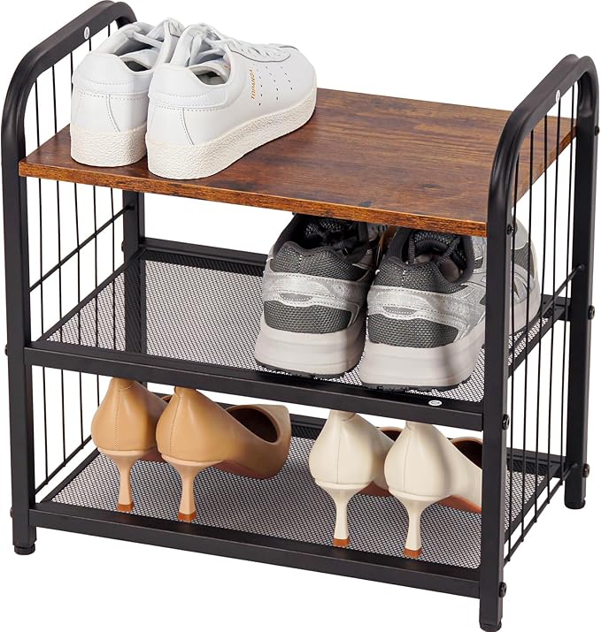 Shoe Rack, 3-Tier Shoe Organizer with Guardrails, Heavy-Duty Metal Mesh Shelves & Rustic Wooden Top for Stylish Closet & Front Door Storage