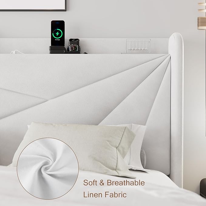 Queen Size Upholstered Bed Frame with Charging Station, Platform Bed Frame with Storage Headboard, Solid Wood Slats Support, No Box Spring Needed, White