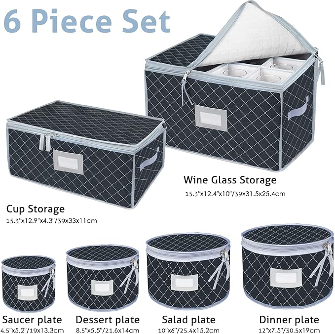 VERONLY China Dinnerware Storage Containers Set- Dish,Mug,Stemware Storage Cases - Quilted Box Bins Stackable with Divider,handles,Clear Window for Cups,Plates,Wine Glasses Moving Set of 6 (Grey