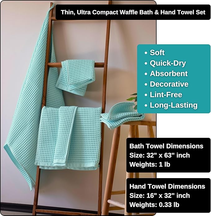 Püskül - Luxury Waffle Towel Set for Bathroom 4 Pieces Turquoise Blue, Premium Quality Organic 100% Turkish Cotton 2 Hand and 2 Bath Towels, Quick Dry Thin Waffle Towels, Made in Turkiye (Turquoise)