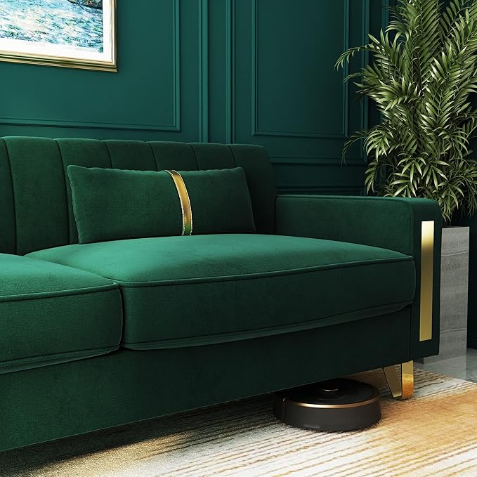 Couch 85.62" 3 Seats Sectional Velvet Fabric Sofa Easy Assemble Sofa Bed with 2 Couch Pillows,Gold Metal Legs for Living Room (P17, Green)