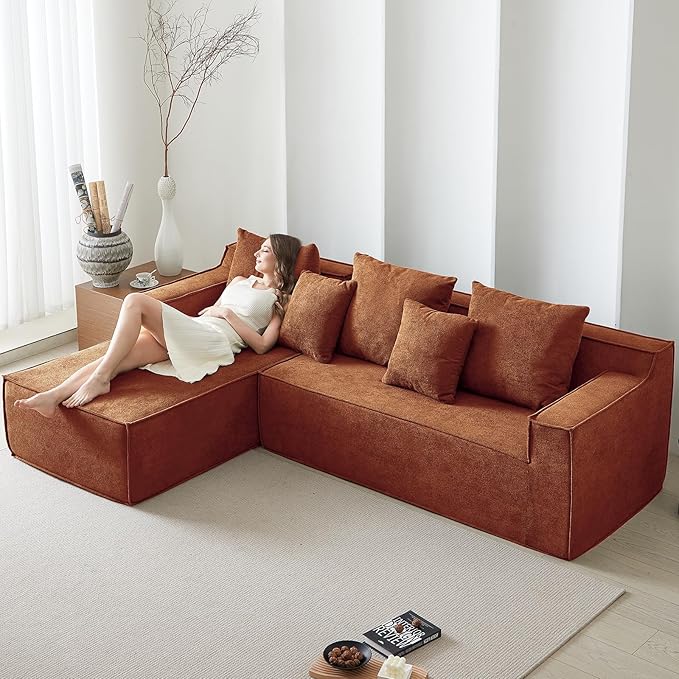 101" Orange Couch for Living Room,Boneless Couch No Assembly Required,Comfy Couches with Oversized Chaise,Compressed Sofa for Any Room,Modern Sofa-Velvet