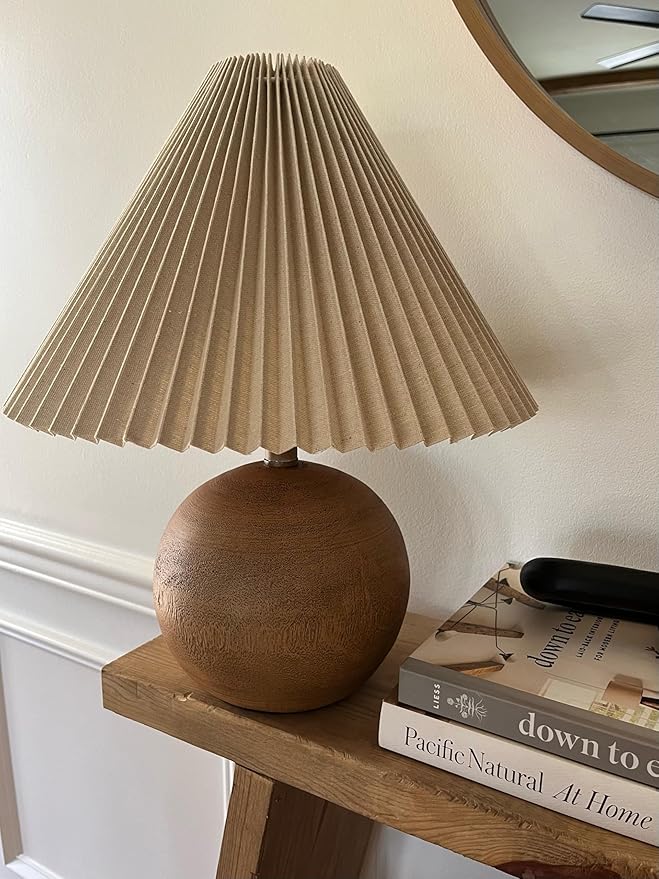 JONATHAN Y JYL1145A Aksel 17.25" Coastal Scandinavian Resin/Iron Sphere LED Table Lamp with Pleated Shade and Pull Chain, Brown Wood Finish/Beige, for Entry Console, Bedroom, Living Room