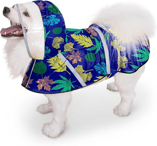 Dog Raincoat, Adjustable Dog Rain Jacket with Clear Hooded Double Layer for Large Medium Small Dogs Puppies, Waterproof Rain Coat Poncho Leaf, Blue-L