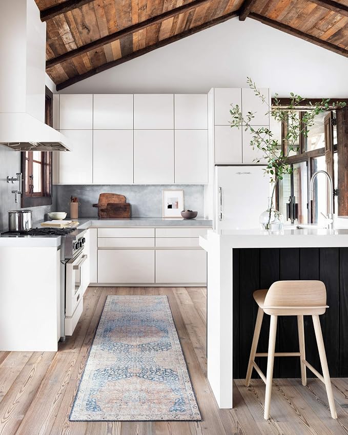 Loloi Layla Collection LAY-07 Blue/Tangerine 7'-6" x 9'-6" .13" Thick Area Rug, Soft, Durable, Vintage Inspired, Distressed, Low Pile, Non-Shedding, Easy Clean, Printed, Living Room Rug