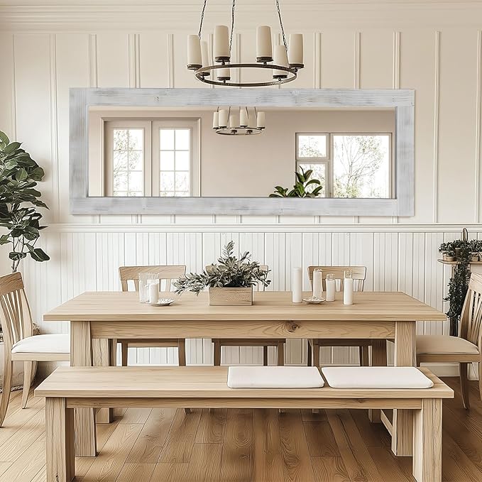 Rustic Farmhouse Full Length Mirror 64"X21" Wood Frame Floor Mirror with Stand, Free Standing Mirror Leaning or Hanging for Bedroom Living Room, Tempered Glass, White