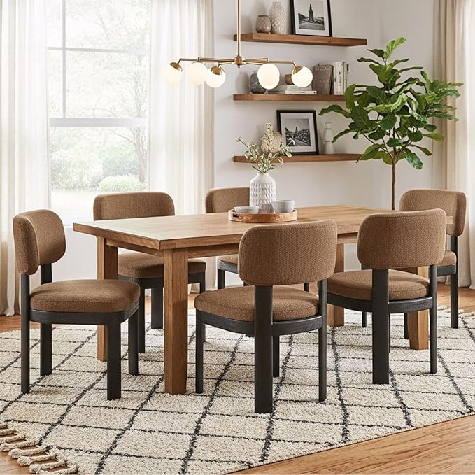 Modern Brown Upholstered Dining Chairs Set of 6 Wooden Side Chairs with Curved Backrest and Black Legs for Kitchen Island, Dining Room