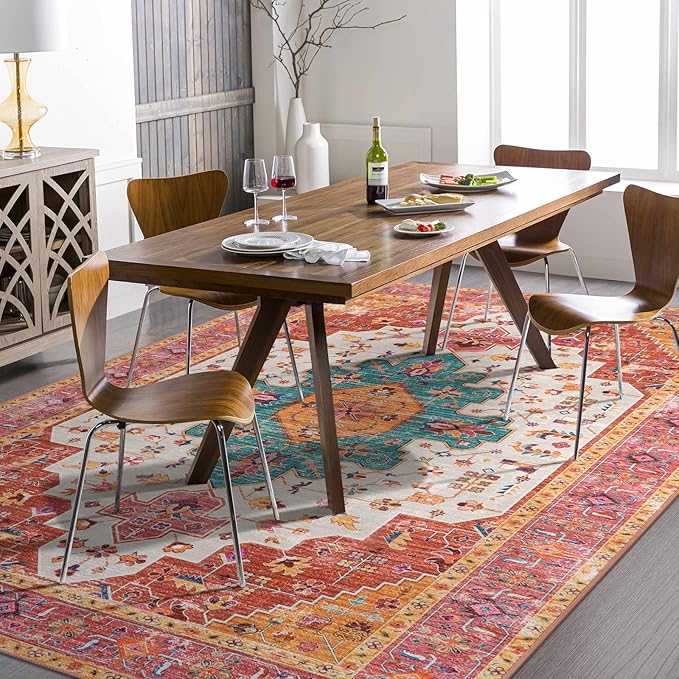 Moynesa Ultra-Thin Pink Area Rug - 8x10 Bedroom Living Room Rug Non-Slip Non-Shedding Nursery Mat, Indoor Oriental Medallion Floor Carpet for Dining Room Entryway Playroom