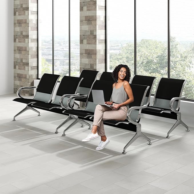 Kinfant Waiting Room Bench Set - 2-Seat PU Leather Waiting Room Chair Office Guest Reception Chair with Armrest, Airport, Hospital, Bank, Salon, Barbershop(Black, Set of 4)