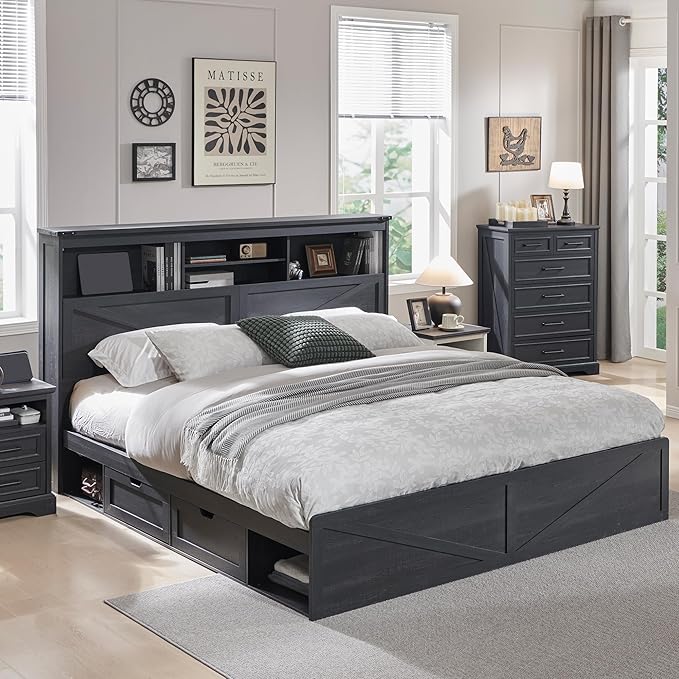 ACCOHOHO Queen Size Wood Bed Frame Farmhouse with 52" Tall Storage Bookcase Headboard, LED Light,Charging Station,4 Drawers and Solid Wood Slats Support,Noiseless,No Box Spring Needed - Black