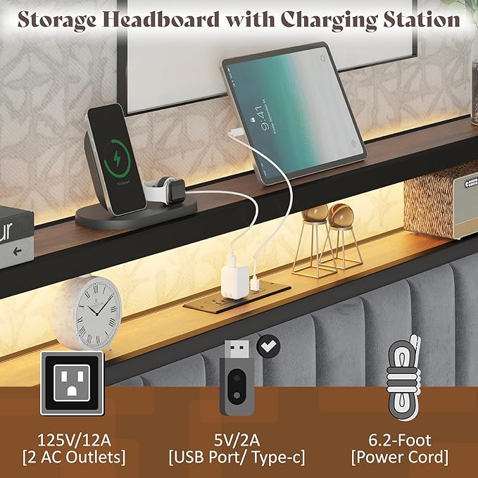 Queen Bed Frame with LED Light and Charging Station, Velvet Upholstered Headboard with Storage Shelf, Heavy Duty Metal Slats/No Box Spring Needed/Easy Assembly, Grey