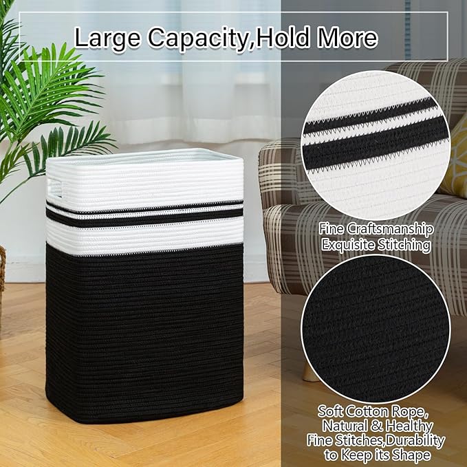 OIAHOMY 91L Laundry Hamper, XXXLarge Laundry Basket, Collapsible Cotton Rope Basket,Woven Storage Basket for Blankets,Clothes,Pillows-16x15x24-Black&white
