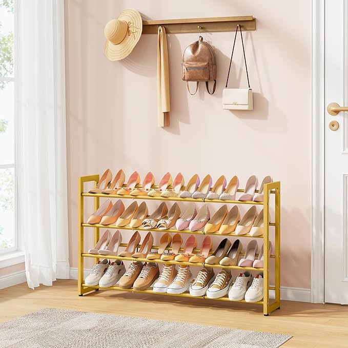 FAVOOSTY 4-Tier Expandable Shoe Rack, Adjustable Shoe Shelf Storage Organizer Space Saving Metal Free Standing Shoe Rack for Entryway Closet Doorway, Gold