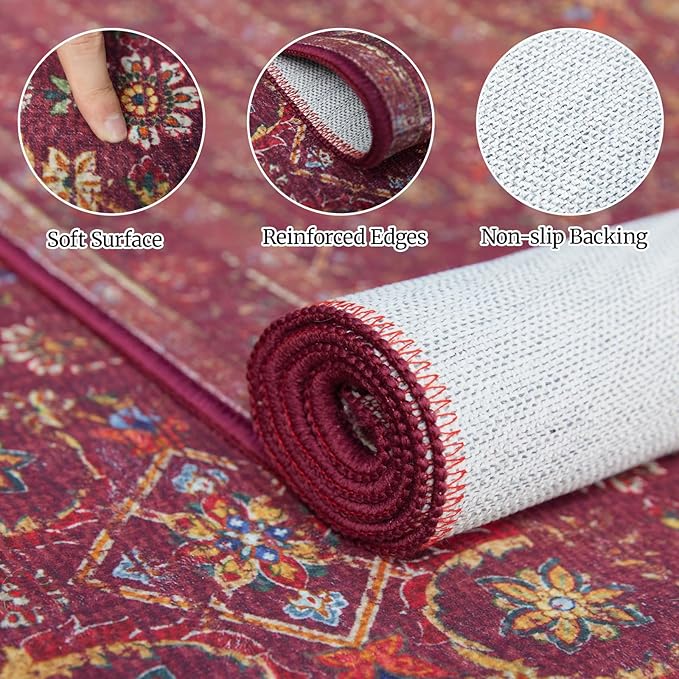 5x7 Soft Washable Area Rugs for Living Room and Bedroom, Non-Slip Stain Resistant Indoor Carpet, Cozy Floor Mat for Dining Room, Office, Under TableStain Resistant Persian red Floral