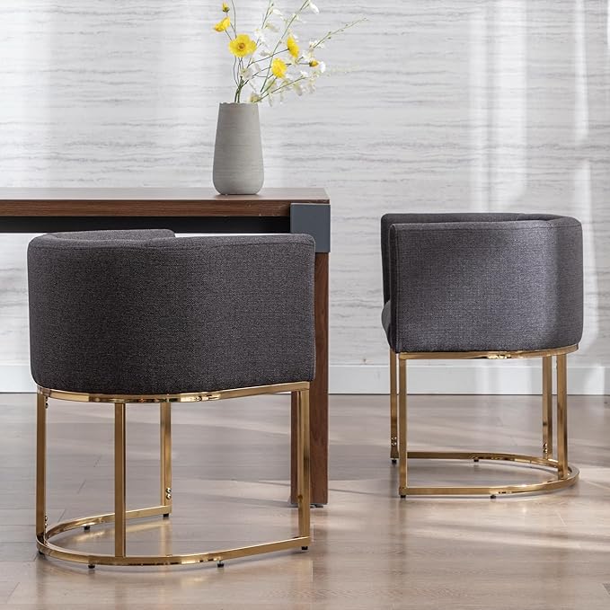 Linen Fabric Dining Chairs Set of 2 Modern Barrel Arm Chairs with Black Frame, Upholstered Kitchen Chairs 18.5" Wide Accent Chairs for Living Room Dining Room Restaurant, Charcoal