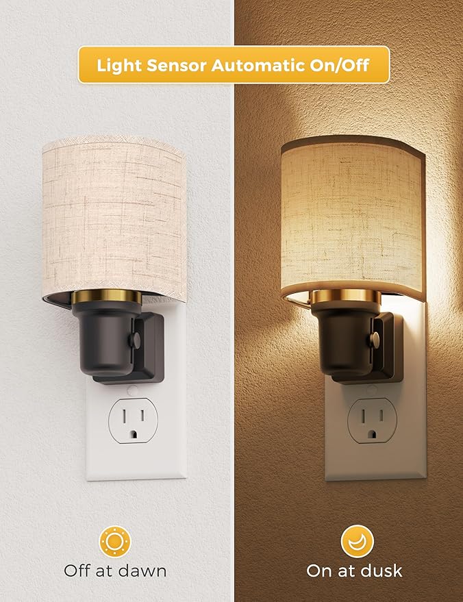 L LOHAS LED Night Lights Plug into Wall, Plug in Night Light Dimmable, Farmhouse Decorative Nightlights Plug in Wall, Light Sensor 0-100LM, Soft Linen Fabric Nightlight Warm for Bedroom Hallway Decor