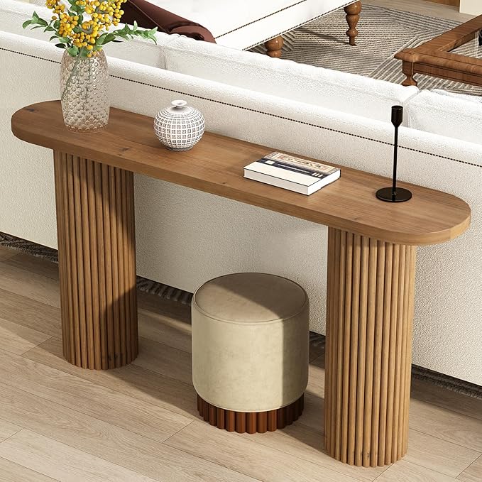 Fluted Solid Wood Console Table-55 Inches Farmhouse Entryway Table with Rounded Corners, Morden Sofa Tables Behind Couch for Foyer, Entrance, Living Room, Hallway
